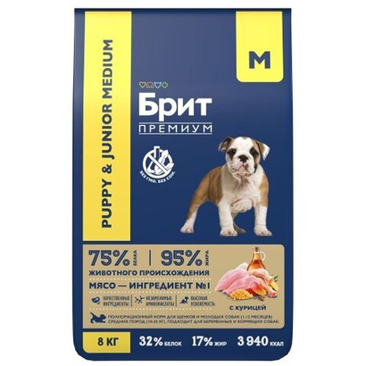 Корм для щенков сухой Брит BRIT PREMIUM Dog Puppy and Junior Medium с курицей, 8кг