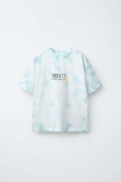 ZARA ФУТБОЛКА TIE DYE С ПРИНТОМ NIRVANA ®, СИНИЙ