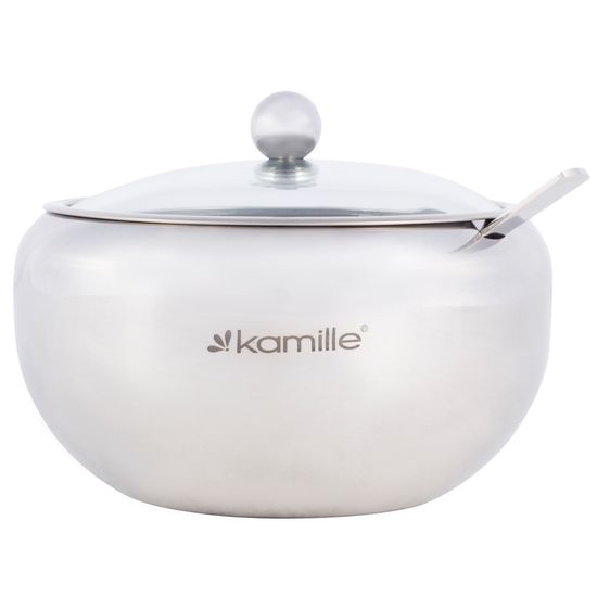 Сахарница 560 мл. из нержавеющей стали Kamille KM-7003 с ложечкой и стеклянной крышкой