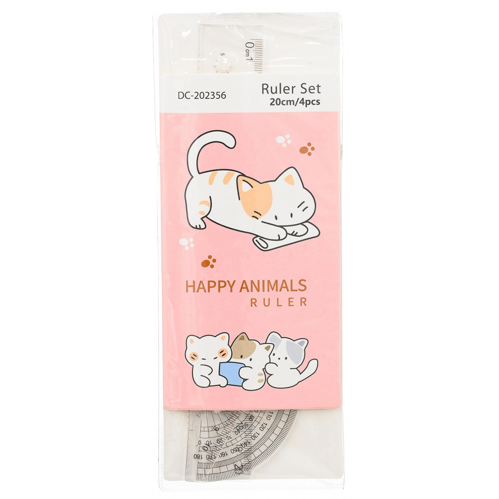 Линейка Basir пластиковая, набор 4 шт, серия "Котята", 4 предмета: линейка с трафаретом 20 см, транспортир и два угольника