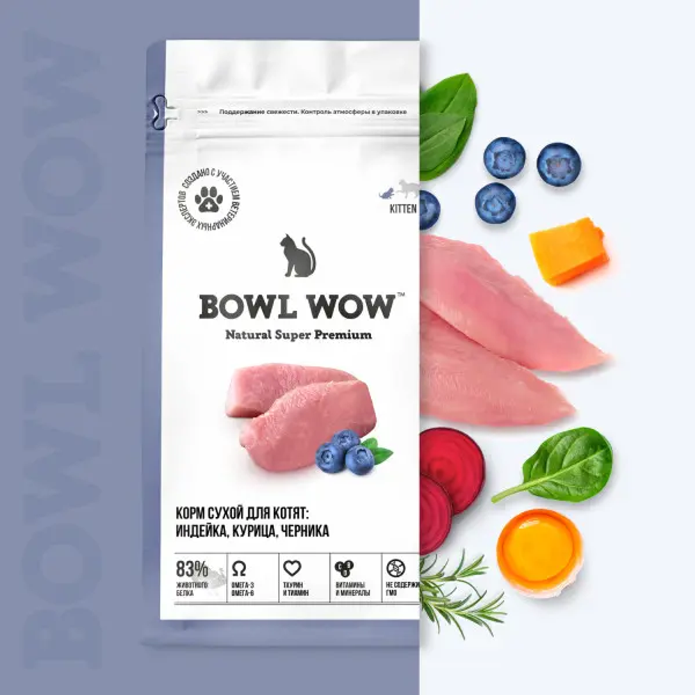 Bowl wow корм сухой для котят: индейка, курица, черника