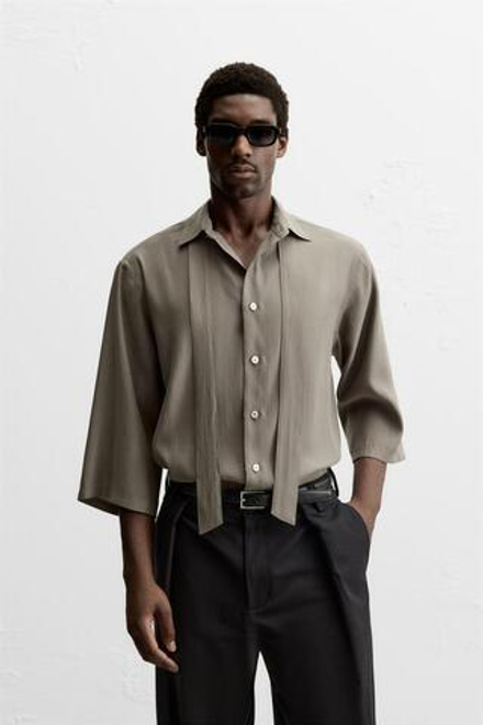 ZARA РУБАШКА ИЗ СТРУЯЩЕЙСЯ ТКАНИ С БАНТОМ, РЫЖЕВАТО-КОРИЧНЕВЫЙ