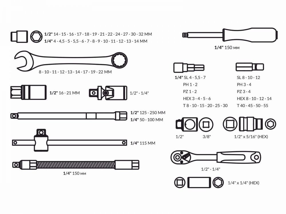 Набор головок и ключей 82 предмета TREK (1/4", 1/2", 6 граней )