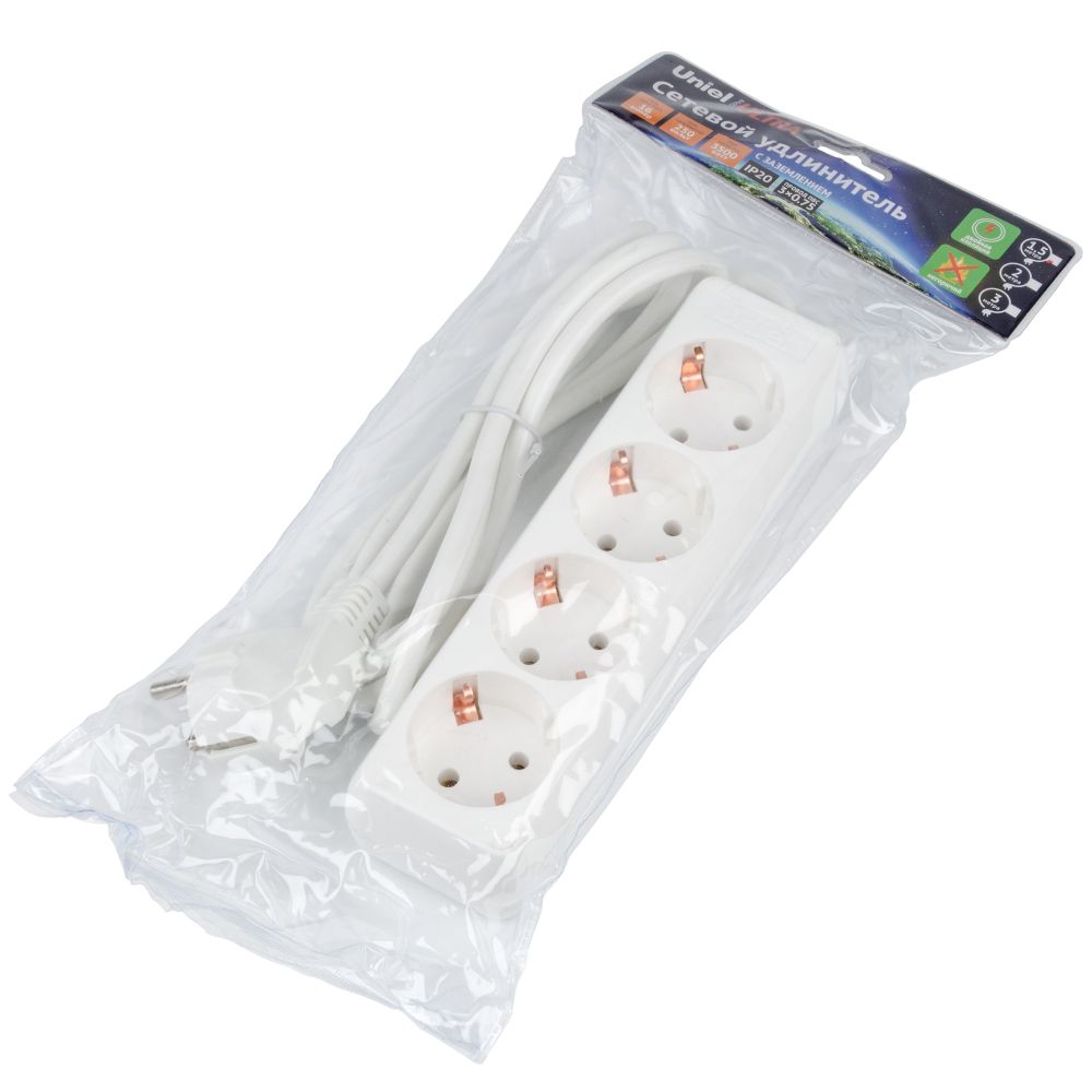 S-GCU4-1.5 WHITE Удлинитель серии Ultra. шнур 1.5м.. 4 гнезда. 16A. с-з. Белый. TM Uniel