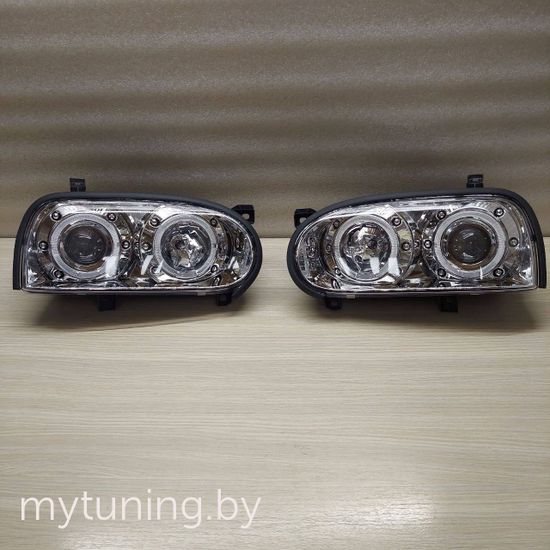 Передние фары VW Golf 3 angel eyes chrome