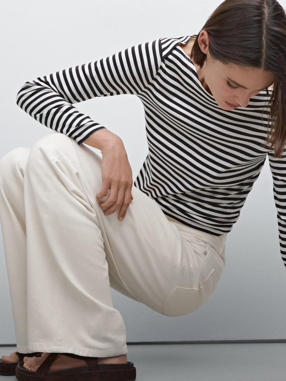 Massimo Dutti Джинсы с высокой посадкой и широкими штанинами, натуральный, кремовый