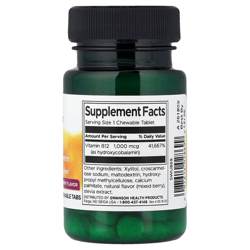 Swanson, B12 гидроксикобаламин, ягодное ассорти, 1000 мкг, 60 жевательных таблеток