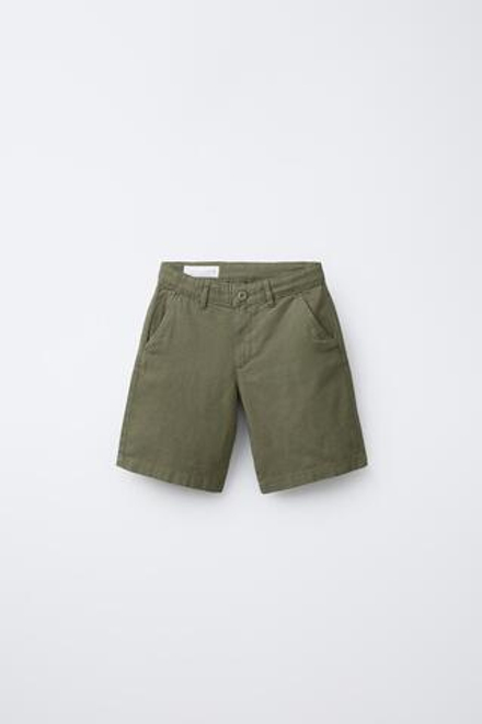 ZARA ШОРТЫ ЧИНОС ИЗ СМЕСОВОГО ЛЬНА, ТЕМНЫЙ ХАКИ