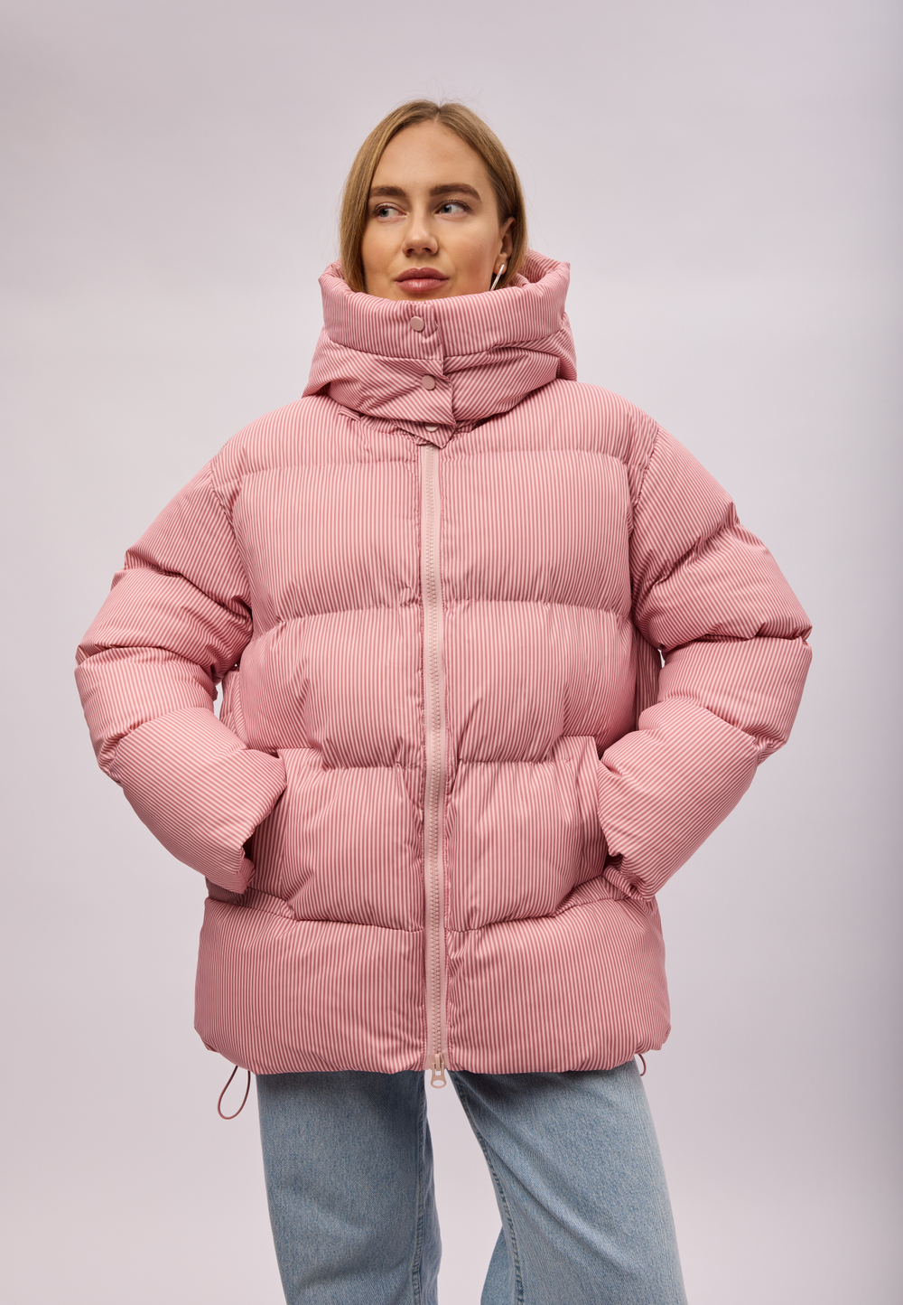 Пуховик Рокет миди розовый в полоску