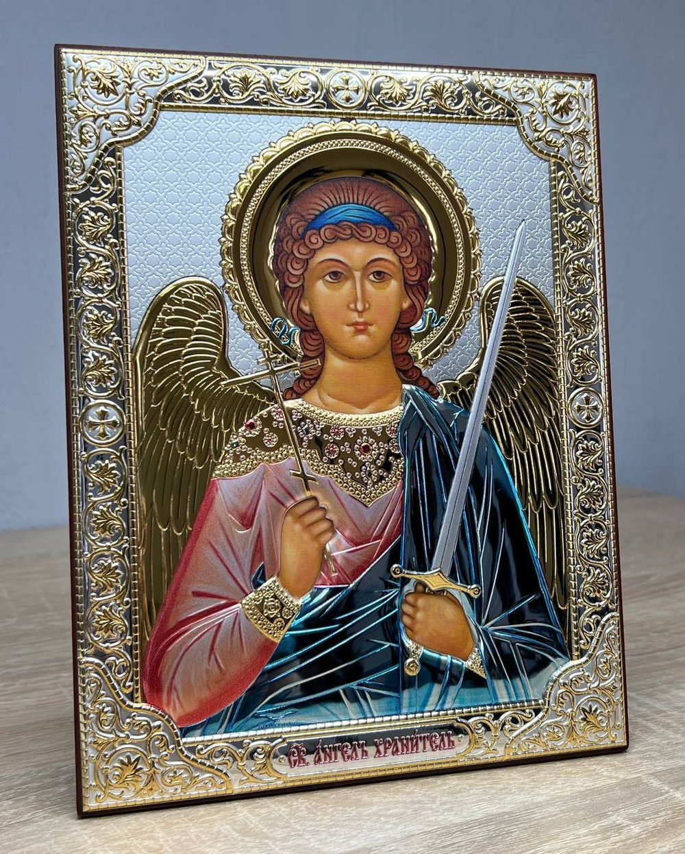 Ангел Хранитель, икона прямоугольная без рамки, красное дерево, эмаль 175х225