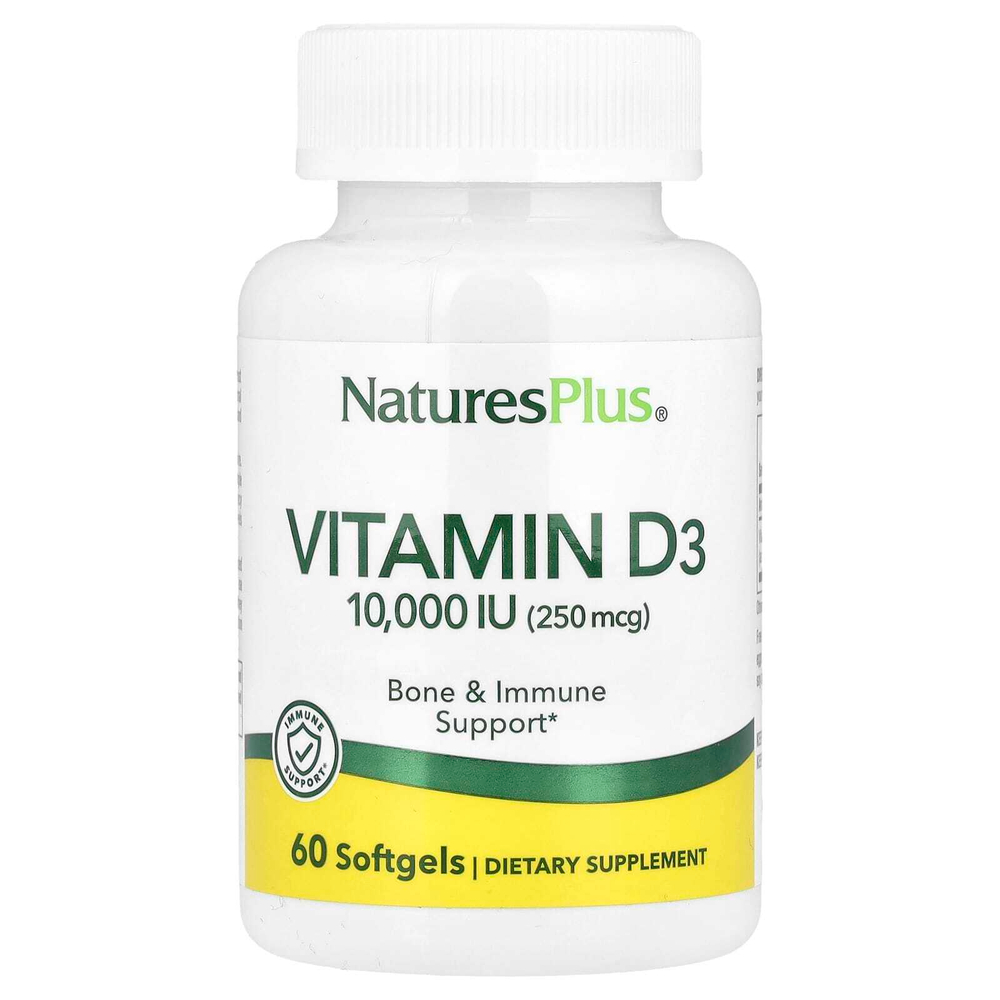 NaturesPlus, Витамин D3, 250 мкг (10 000 МЕ), 60 мягких таблеток