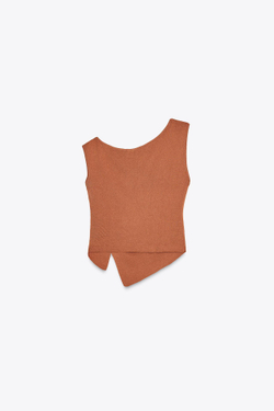ZARA ТРИКОТАЖНЫЙ ТОП С ОТКРЫТЫМИ ПЛЕЧАМИ И СБОРКАМИ, ТЕРРАКОТОВЫЙ