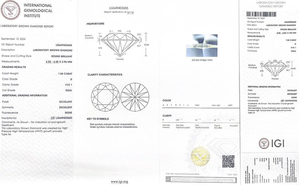 Лабораторно-выращенный бриллиант Кр-57 6.52-6.55 мм D/VVS1 1.04 ct