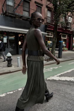 ZARA КОМБИНИРОВАННОЕ ПЛАТЬЕ-МИДИ С ПОЯСОМ, ХАКИ