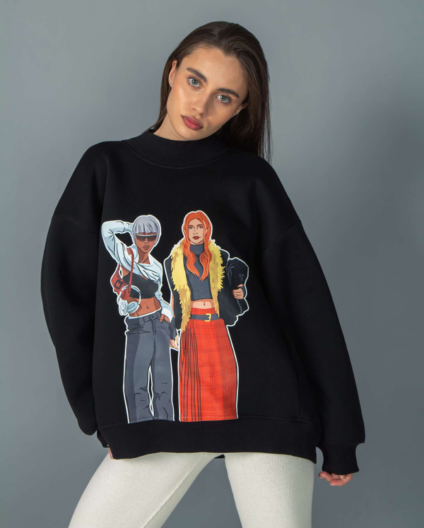 Свитшот женский оверсайз с принтом fashion girls черный