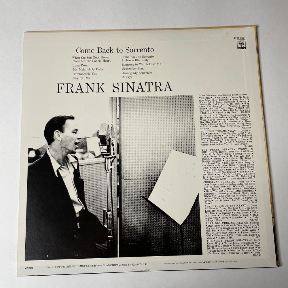 Винтажная виниловая пластинка LP Frank Sinatra Come Back To Sorrento (Japan 1983) (No Obi)