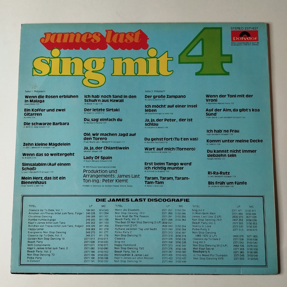 Винтажная виниловая пластинка LP James Last Джеймс Ласт Sing Mit 4 (Germany 1976)