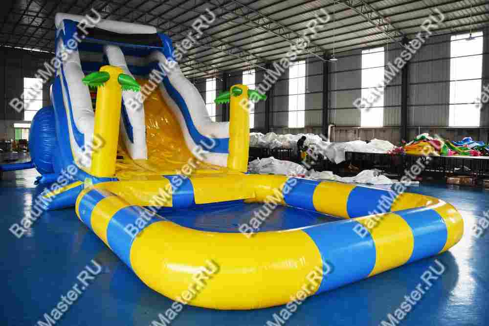Надувная водная горка с бассейном «Пляжный оазис» с закруглённым бортом, 13*4,5*6 м