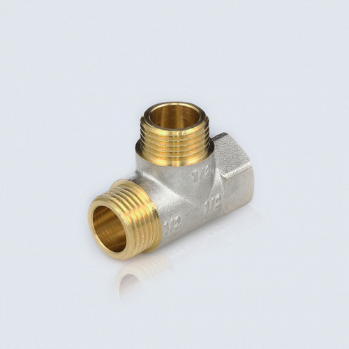 Тройник латунный никелированный равнопроходной внутренняя/наружная/наружная резьба