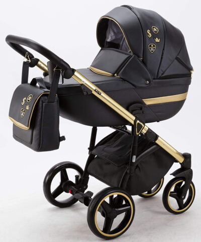 Детская коляска Adamex Cortina Deluxe 2 в 1 CT333 (ЧЕРН.КОЖА+ЗОЛОТ.ОТДЕЛКА+ЗОЛОТО РАМА)