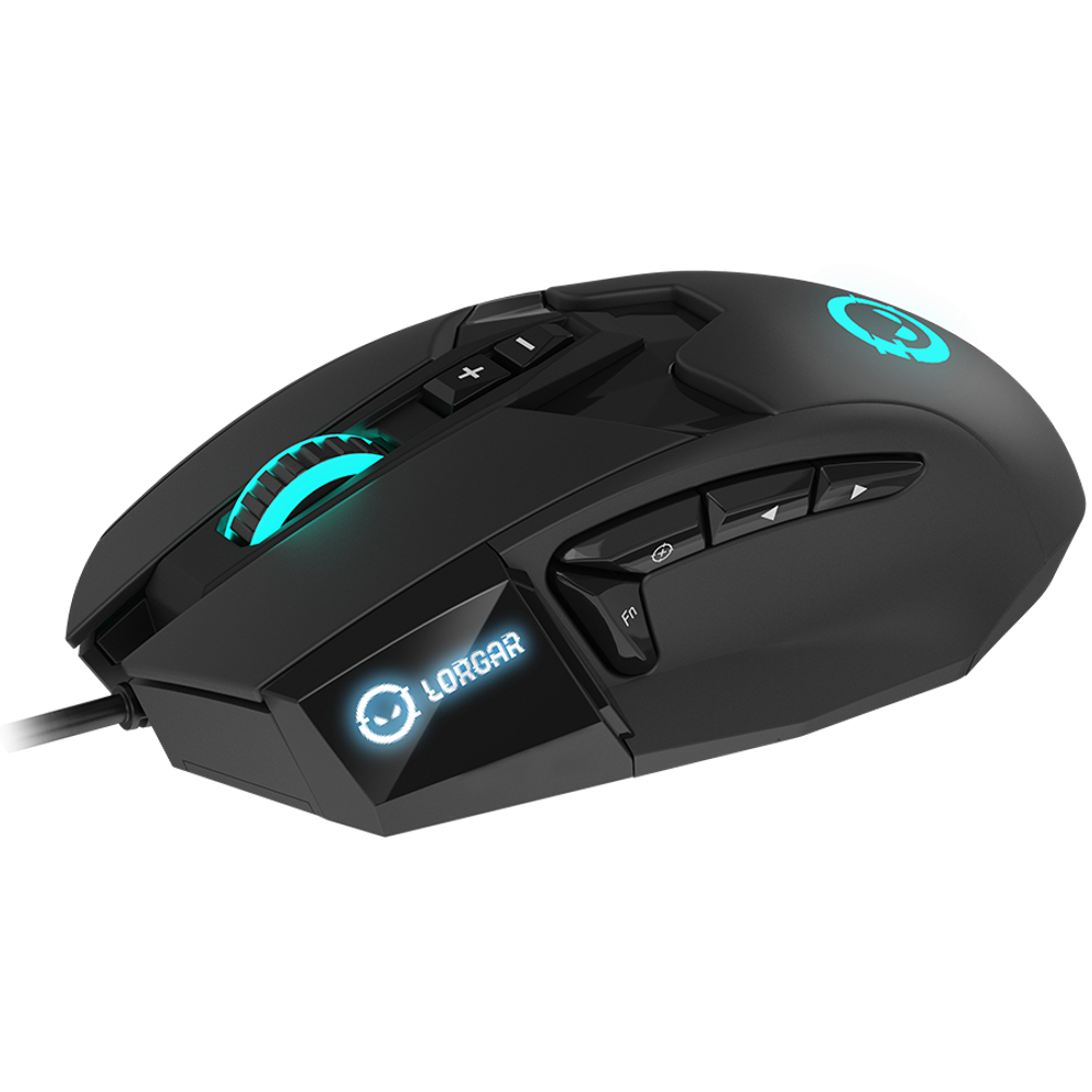 LORGAR Stricter 579, gaming mouse, 9 programmable buttons, Pixart PMW3336 sensor, DPI up to 12 000, 50 million clicks buttons lifespan, 2 switches, built-in display, 1.8m USB soft silicone cable, Matt UV coating with glossy parts and RGB lights with 4 LED flowing modes, size: 131*72*41mm, 0.127kg, black