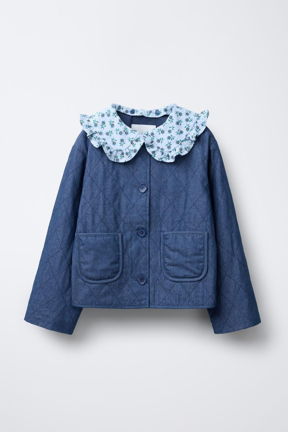 ZARA СТЕГАНАЯ КУРТКА С ОТСТЕГИВАЮЩИМСЯ ВОРОТНИКОМ И ЦВЕТОЧНЫМ ПРИНТОМ, СИНИЙ