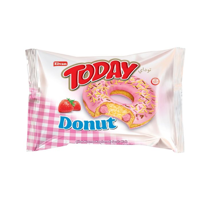 Кекс-донат в глазури с клубничной начинкой Elvan Today Donut Strawberry Flavour Coated, Sauced Cake 40г