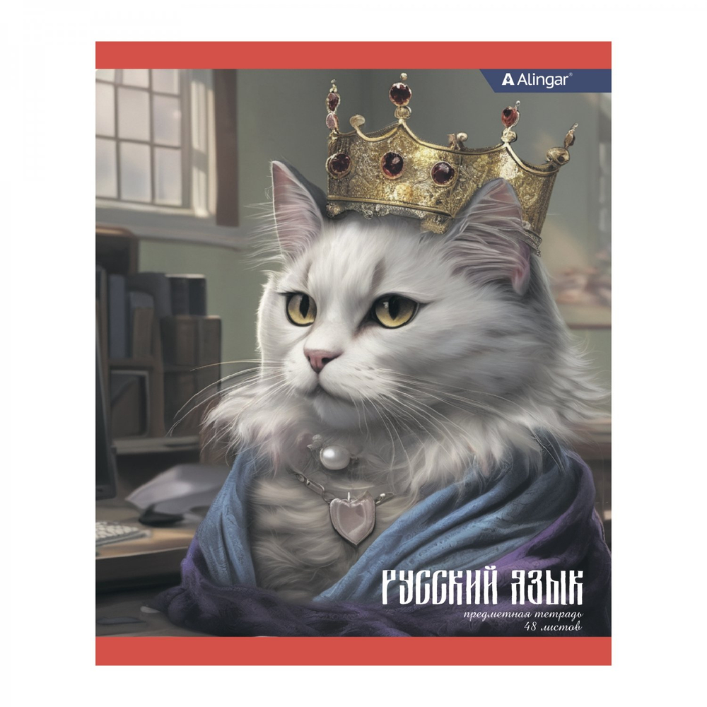 Тетрадь предметная "Русский язык" А5 48л., линия, со справ материалом,скрепка, мелованный картон(стандарт), блок офсет, Alingar "Коронованные коты"