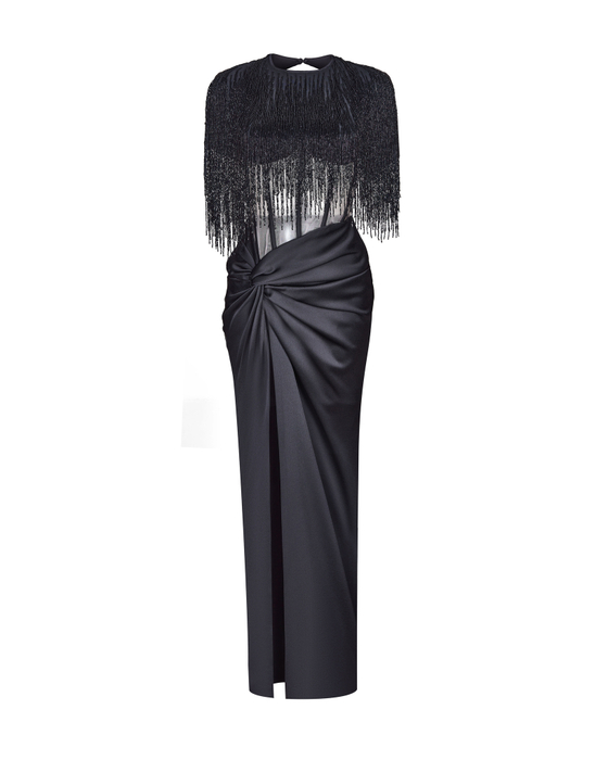 Платье макси из сатина и с бахромой из бисера