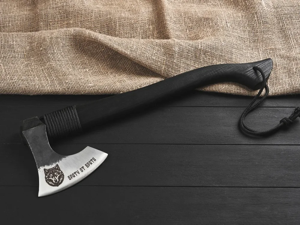 Кованый топор "Брату от брата", гравировка "Волк", рукоять черный мореный ясень