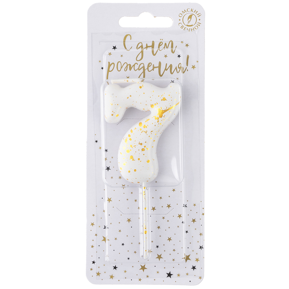 Свеча Цифра, 7 Золотые брызги, на шпажке, Белый, Металлик, 4,3 + 5,2 см, 1 шт. с держат.,