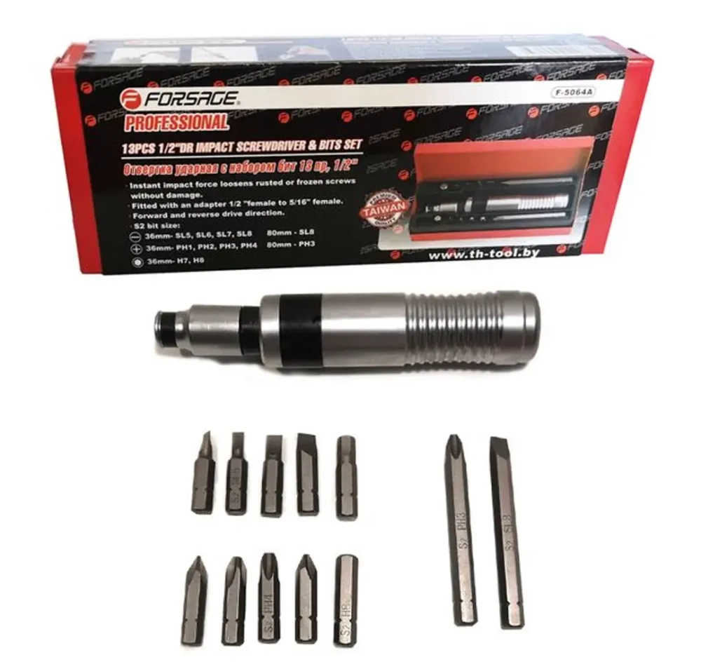 Отвертка ударная с набором бит и адаптером,13пр 1/2''(F)х5/16''(F) (PH 1,2,3,4х36мм, PH3х80мм, SL 5,6,7,8х36мм, SL8х80мм, H 7,8х36мм) в метал. кейсе Forsage F-5064A