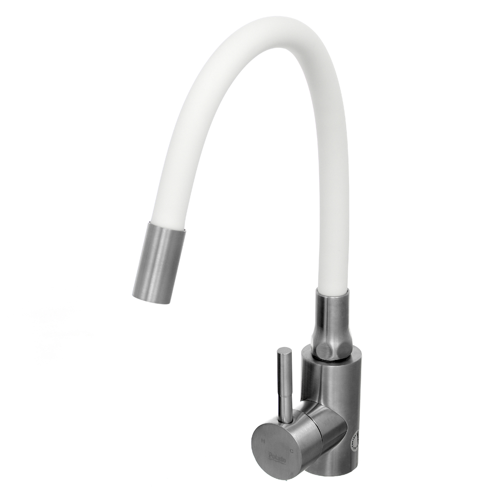 67-0-753 Смеситель нерж. сталь, однорычажный для кухни, гайка, рефлектор, белый,картридж 40мм