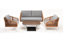 "Канны" лаунж-зона 4-местная из роупа со столом "Глория" цвет "дуб", каркас алюминиевый светло-серый, роуп оранжевый меланж