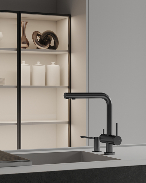 Смеситель для кухни Abelsberg Pura OTF70709GM c вытяжным изливом и возможностью подключения фильтра для воды, цвет космическая сталь, PVD покрытие