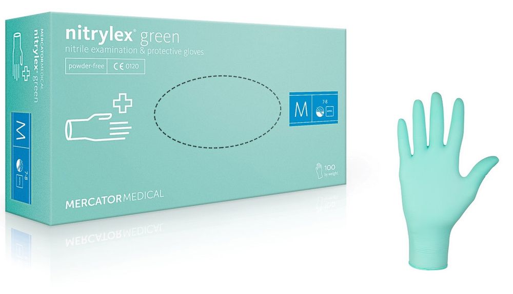 Перчатки нитриловые смотровые Nitrylex PF зелёные (50 пар, М)