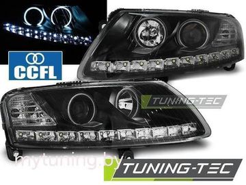 Передние фары Audi A6 C6 angel eyes led black