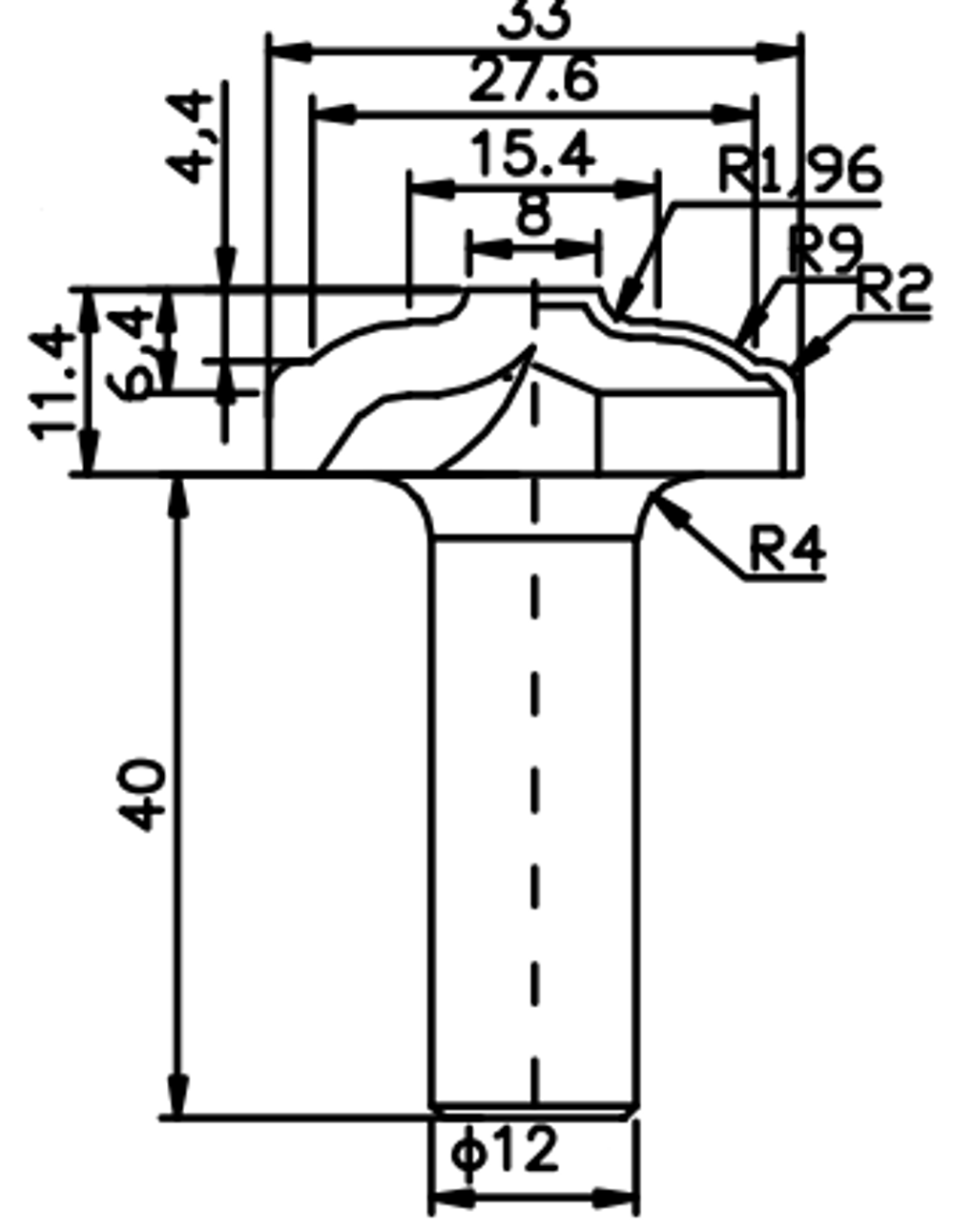 PCD профильная фреза D.33x11,4 S.12x40 Z2