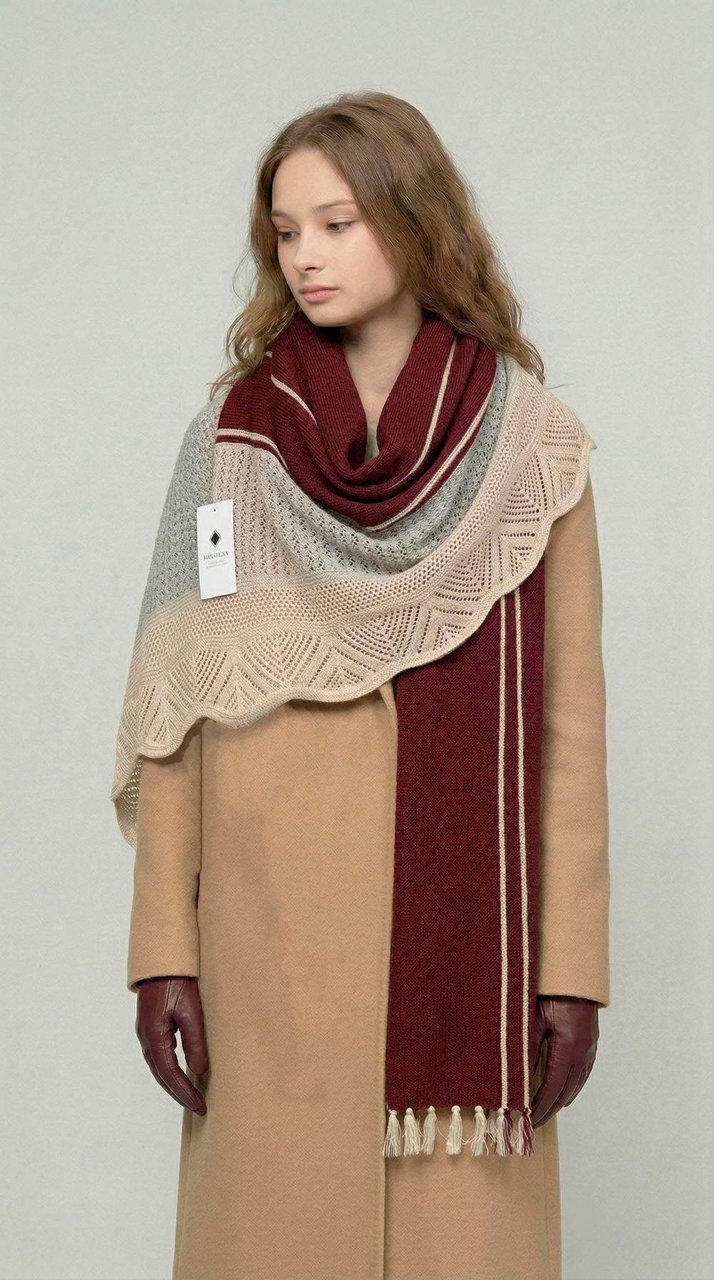 Палантин шерстяной ПШ18050-08/16 бежевый/бордо