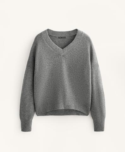 Oysho Мягкий вязаный джемпер с V-образным вырезом, серый меланж