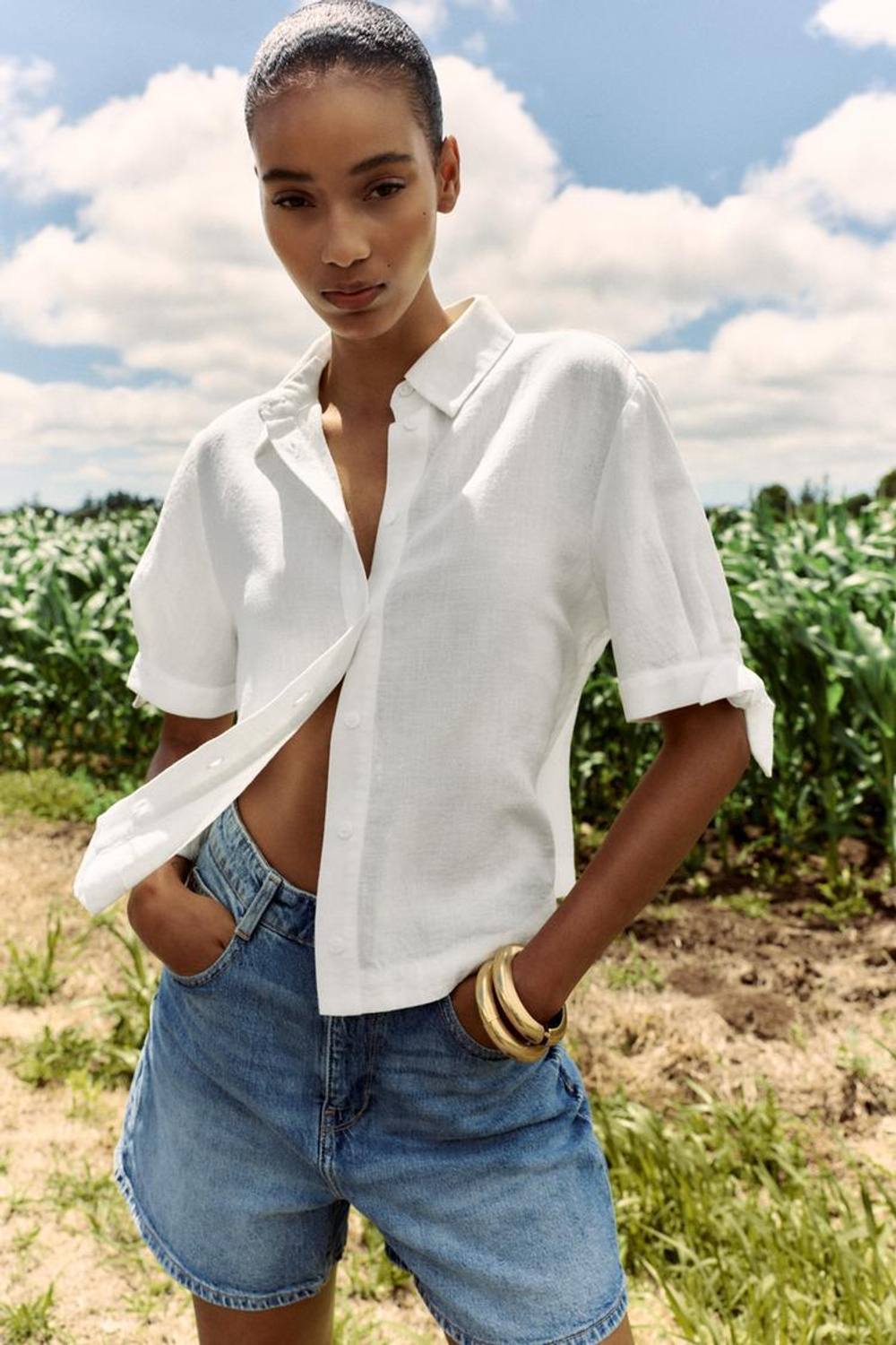 ZARA РУБАШКА ИЗ РАМИ С КОРОТКИМИ РУКАВАМИ И ЗАВЯЗКАМИ, БЕЛЫЙ