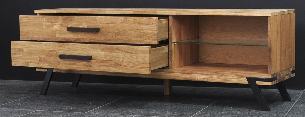 Тумба под телевизор Флеверс, 2 ящ из массива дуба с металлом