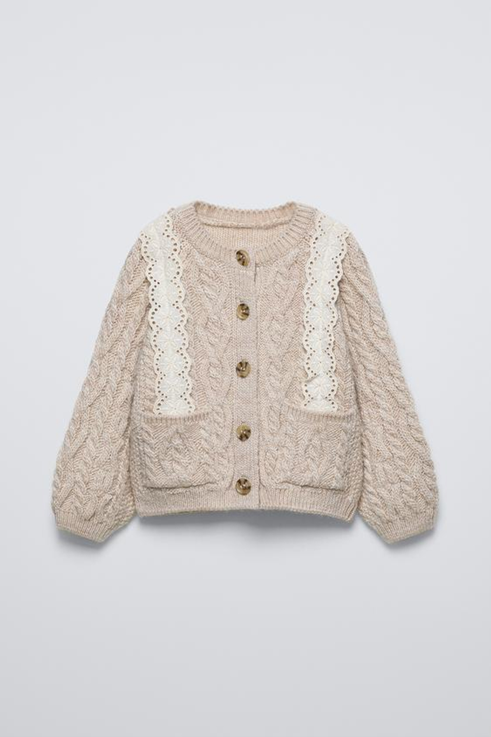 ZARA КАРДИГАН С КРУЖЕВОМ, СВЕТЛО-БЕЖЕВЫЙ