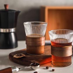 Чашка 280 мл кофейная без ручки Japanese Style Optical дерев. вставка Barista стекло Barbossa [1]