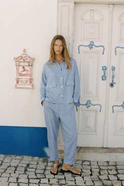 ZARA БРЮКИ-ДЖОГГЕРЫ ИЗ ЛЬНА, ГОЛУБОЙ