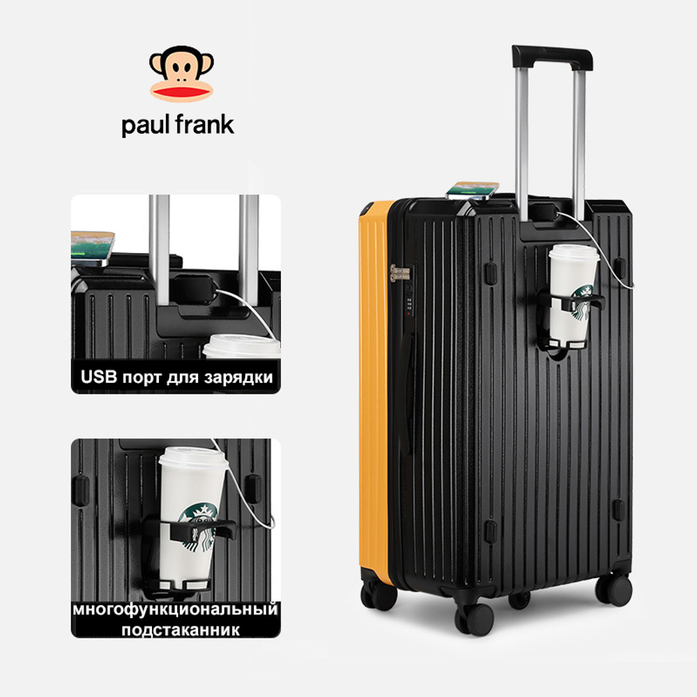 Чемодан Paul Frank "Long Way" | 5 Wheels+USB+Cup holder (Black&Orange)