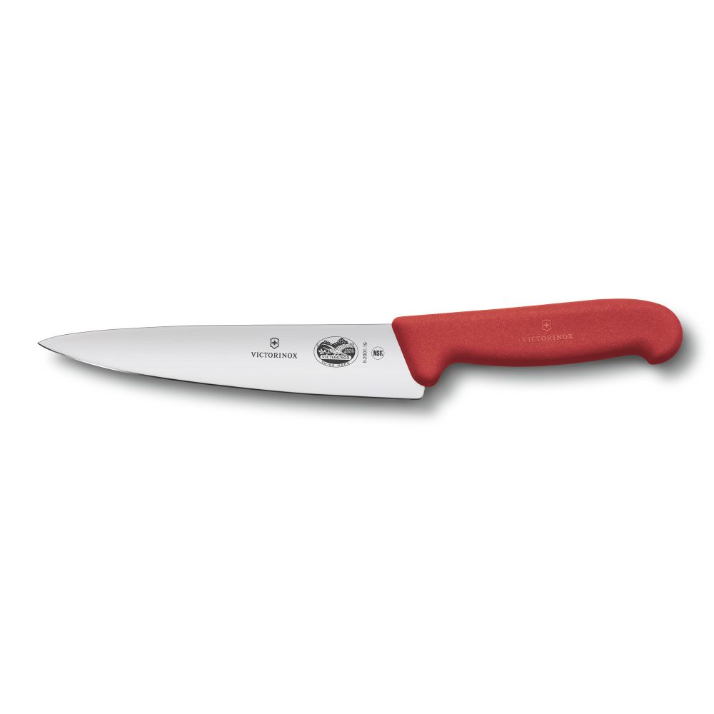 Фото нож разделочный VICTORINOX Fibrox с лезвием из нержавеющей стали 19 см и рукоятью из пластика красного цвета с гарантией