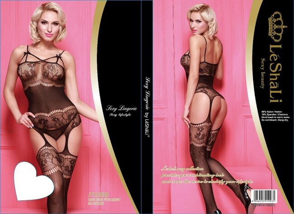 Комбинезон-сетка черный с имитацией чулок и 3D эффектом (Цвет: черный)