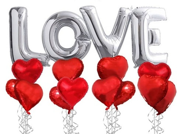 Надпись из букв "LOVE с сердцами" серебро/красный 65 см