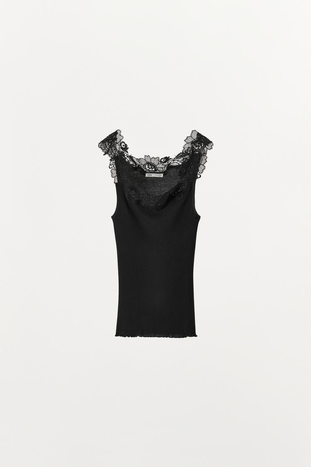ZARA ТОП В РУБЧИК С КРУЖЕВОМ, ЧЕРНЫЙ